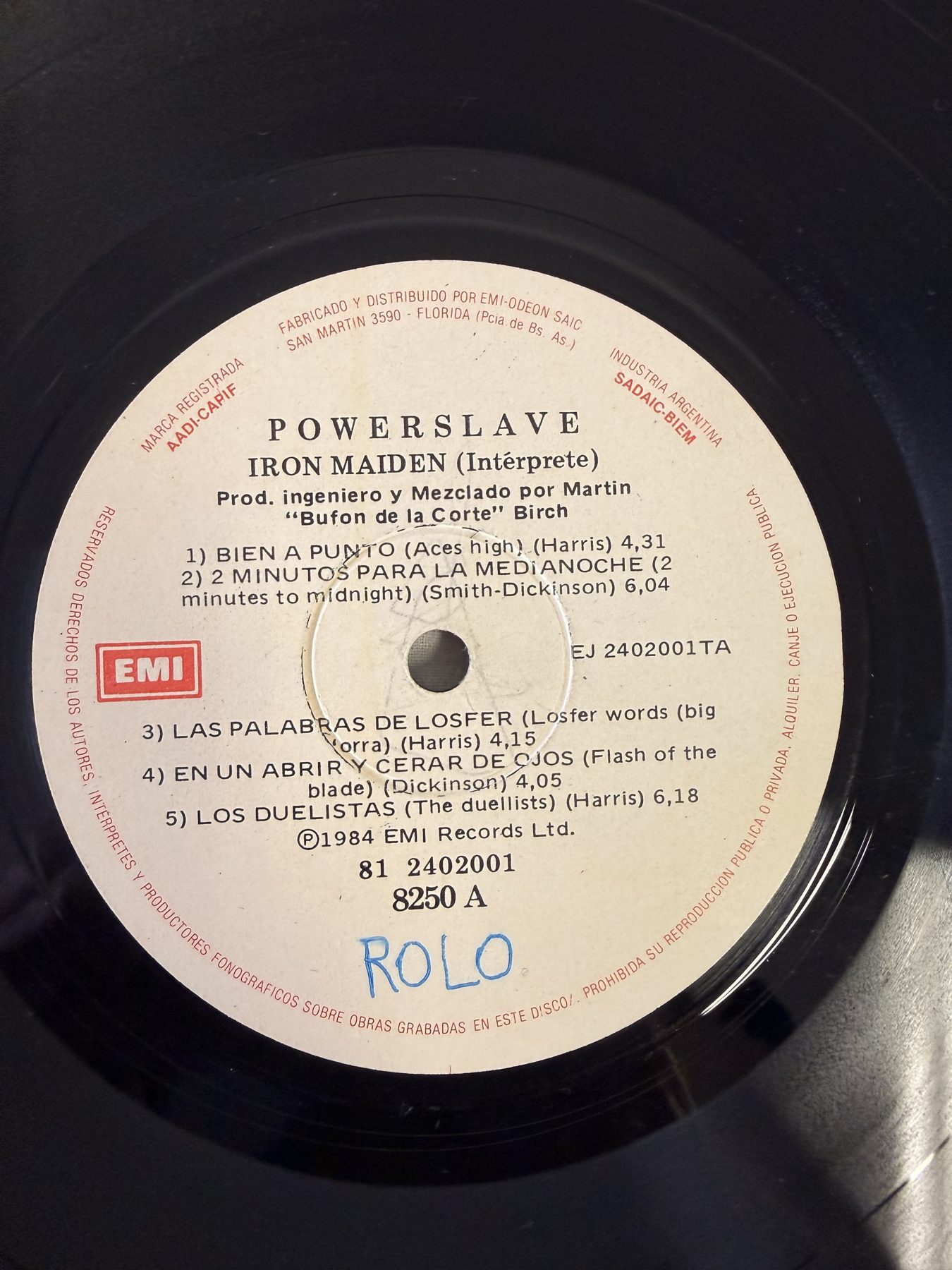 The side A label of folder 109, its tracklist and producer credit printed in Spanish