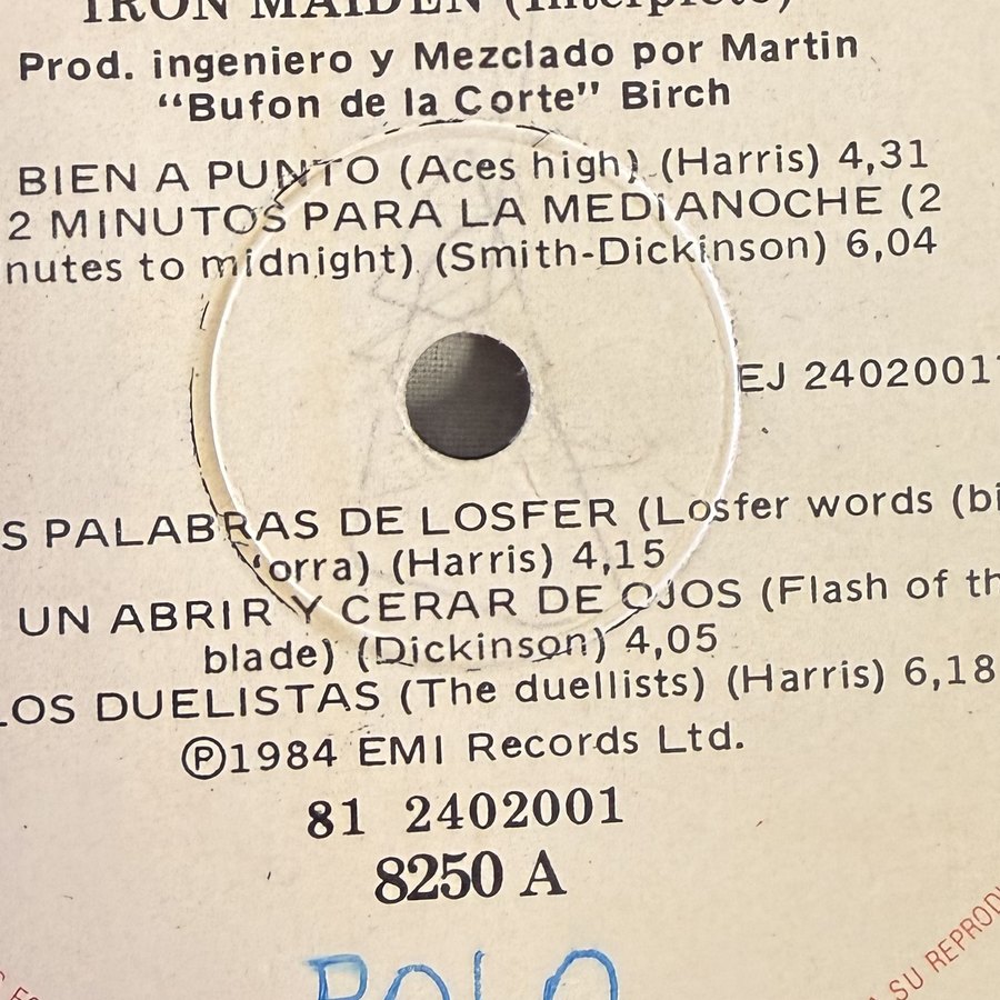 Label of pressing 109, Argentina