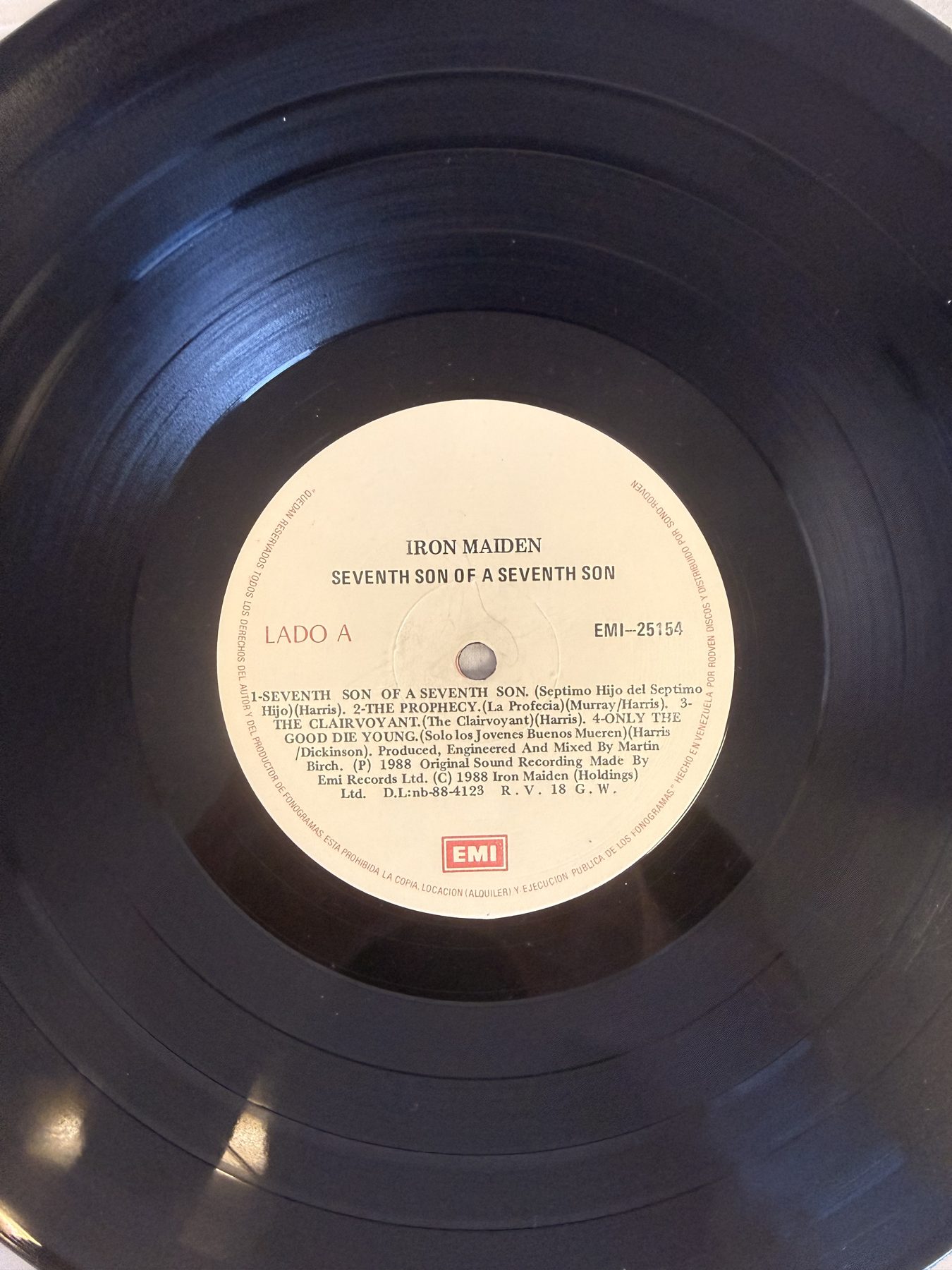 The Venezuelan pressing label, showing the reversed side order